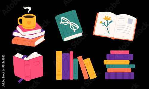 Colorful books set dark background, stack with coffee cup, open book with flowers, glasses, shelf row, bright reading collection illustration
