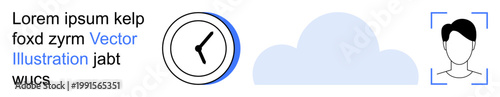 Data security, online privacy, time tracking, cloud computing, personal identification, digital technology. are a clock, a cloud and a headshot icon. Time tracking and cloud computing concept