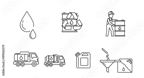 Oil Industry Icons Set Representing Various Aspects of Petroleum Production and Distribution.