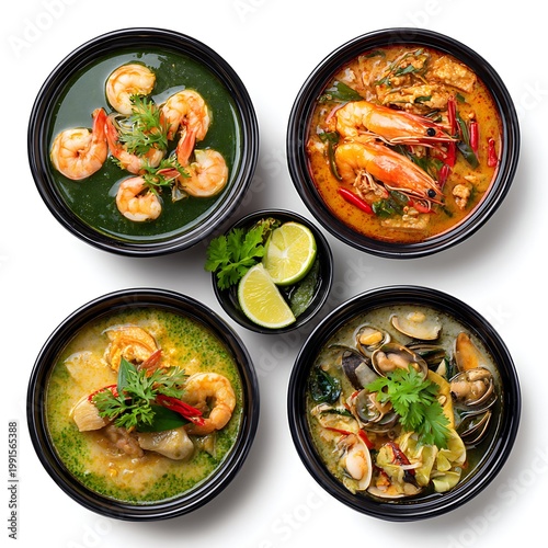 Set of top view delicious Thai food in black bowl, shrimp pad thai, Tom Yam Kung, Thai food Green curry chicken, Coconut milk isolated on with white background