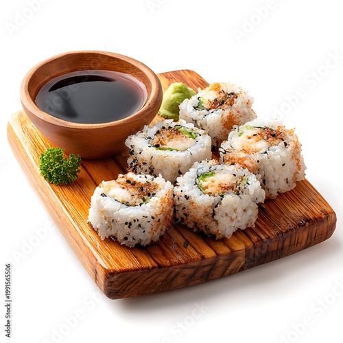 Sushi rolls served with soy sauce on a wooden platter; ideal for Asian eateries, food blogs, and culinary isolated on with white background