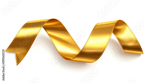 A shimmering golden ribbon gracefully curves and flows against a clean white background.