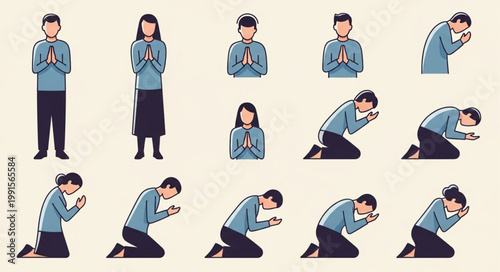 People Praying and Bowing in Various Poses.