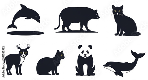 Collection of Animal Silhouettes Including Dolphin Cat Panda Deer.
