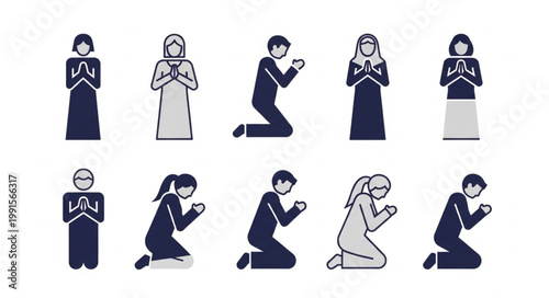 Diverse people praying in a religious context.