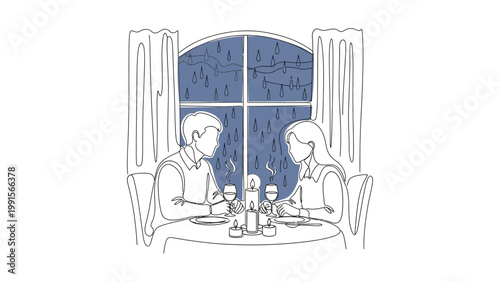 Couple dining by rainy window together.
