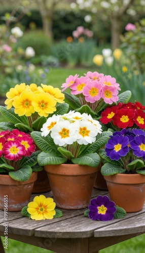 Colorful Primrose Flowers Pots Garden Table