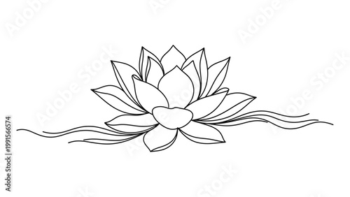 Elegant Lotus Flower Line Art with Flowing Water Elements.