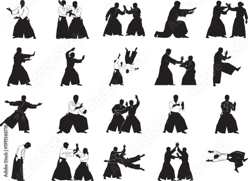 Aikido Martial Arts Silhouettes Dynamic Poses and Combat Actions