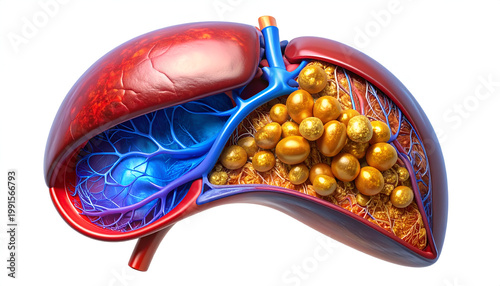 A detailed anatomical illustration showcases a cross-section of a human liver, highlighting its internal structure, blood vessels, and the presence of gallstones.