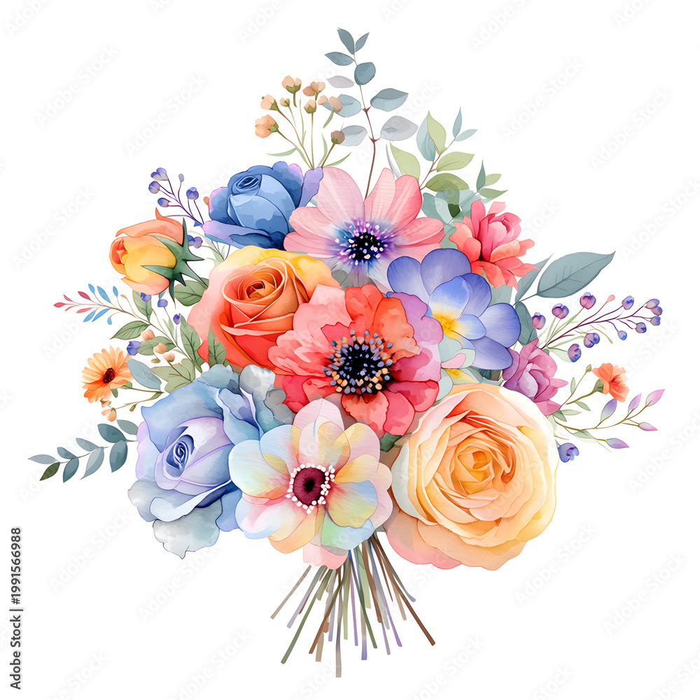 Fototapeta premium Vibrant Mixed Floral Bouquet with Roses and Anemones in Watercolor Style Isolated on White