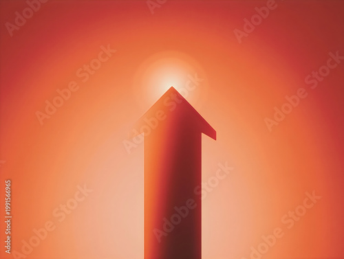 Red Arrow Pointing Upward Against Gradient Orange Background with Light Flare