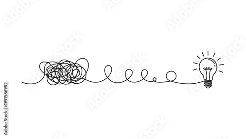 Tangled mess to clear idea lightbulb concept. Continuous line style. Hand drawn. Line art. Vector design. illustration