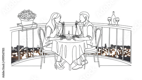 Couple on romantic city balcony dinner date.