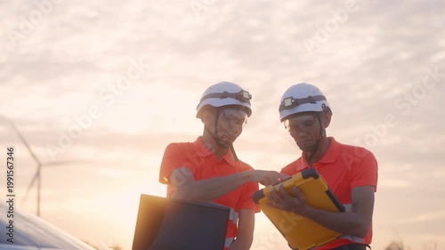 Asian engineers using a laptop to inspect wind turbines at sunset in a renewable energy site, representing clean energy operations and technical teamwork in sustainable engineering.