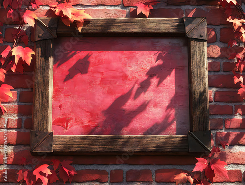 Wooden Frame with Red Background and Autumn Leaves on Brick Wall