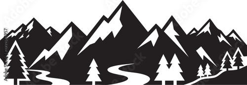 Mountain Landscape, Black and White Vector Art