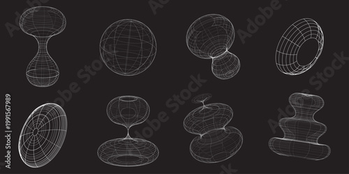 Set of Abstract 3D Wireframe Geometric Shapes, Futuristic Digital Grid Mesh Line Art on Dark, 3d grid mesh elements, digital line art geometry, abstract tech drawing, virtual cyberspace structures