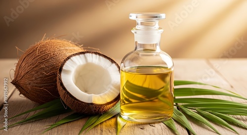 Minyak Kelapa asli dalam botol kaca di atas daun kelapa alami