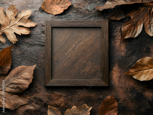 Square Wooden Frame on Textured Background with Autumn Leaves