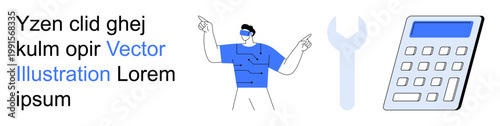 Virtual reality, engineering, technology tools, financial calculation, modern devices, futuristic tech. A man wearing VR goggles, a wrench icon and a calculator. Virtual reality and engineering