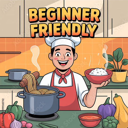 A Cheerful Cartoon Chef Character Presenting a Delicious Meal with Fresh Vegetables, Perfect for Culinary Enthusiasts and Beginner Cooks