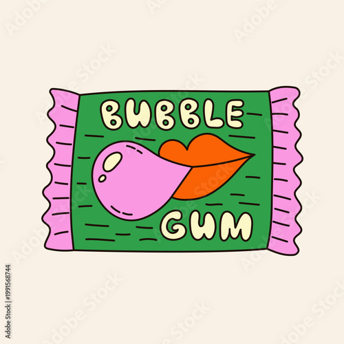 Hand-drawn playful illustration of 90s bubble gum in bright colors. Doodle quirky drawing of fun chewing candy. Contemporary art nostalgia element. Vector graphic