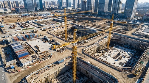 Yellow construction cranes operating at a large scale urban development site with heavy equipment and a city skyline background in the UAE