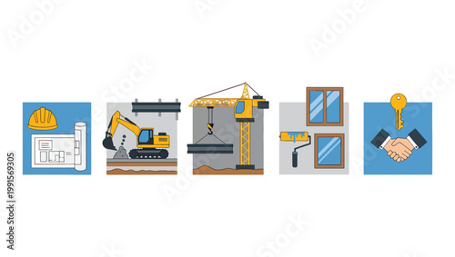 Construction Process and Building Development Vector Icons