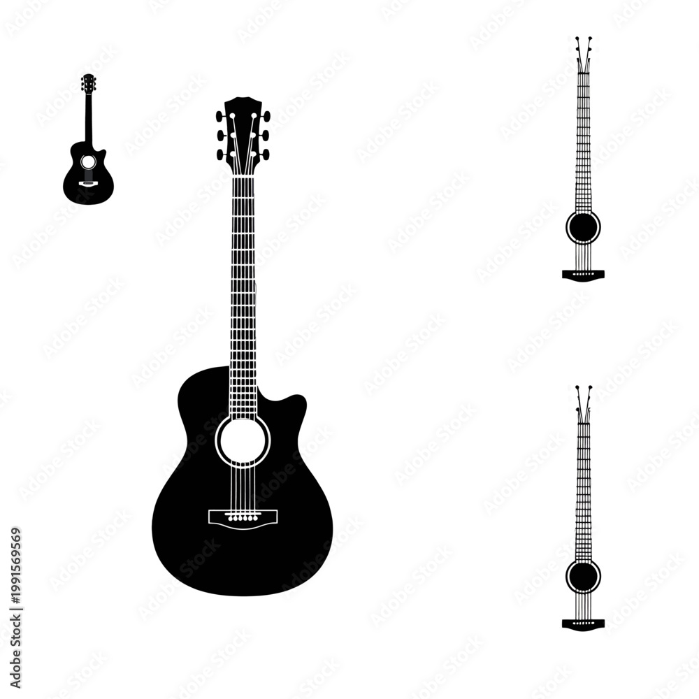 Fototapeta premium Several acoustic guitars are displayed in a simple black and white illustration on a white