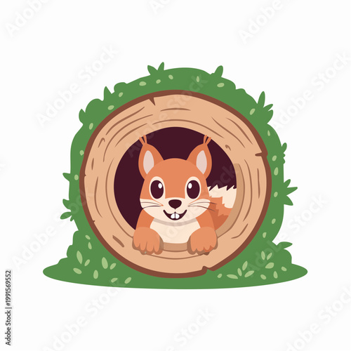 Cute Cartoon Squirrel Peeking Out of a Tree Hollow