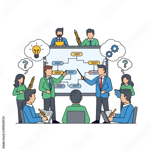 A group of people are discussing a business plan in a meeting room with a whiteboard