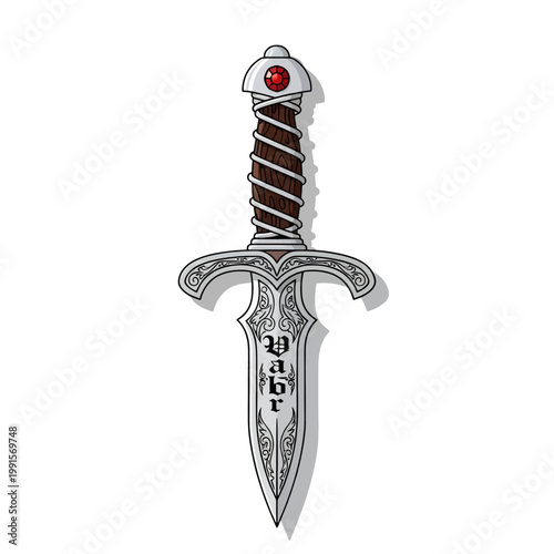 A detailed illustration of a decorative dagger with ornate carvings and a gemstone on the handle