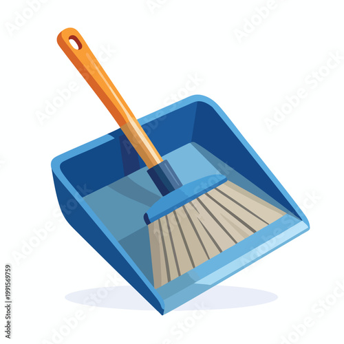 A blue dustpan with a wooden-handled brush inside it lies on a surface.