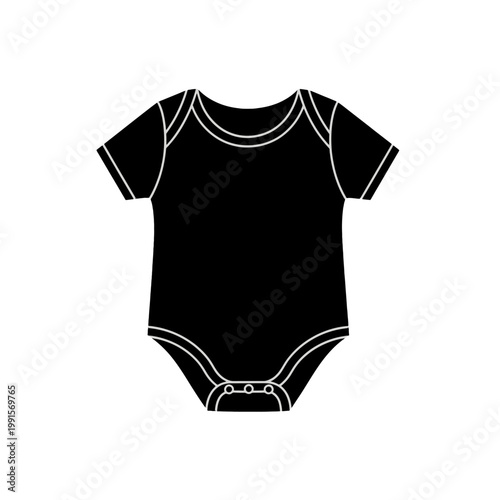 A simple black and white illustration of a baby bodysuit on a white background