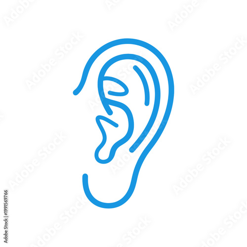 A simple, blue outline illustration of a human ear on a clean, white background