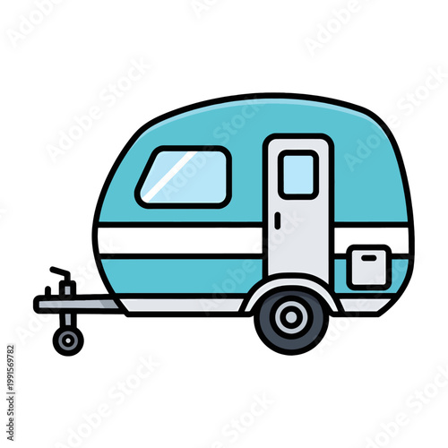 A small, colorful travel trailer with a door, windows and a hitch for transportation purposes