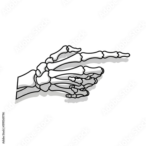 A skeletal hand pointing to the right, isolated on a white background with a shadow effect