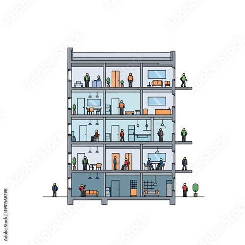 Illustration of a building cross-section with people in different rooms and floors of the structure