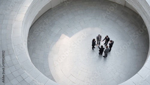 An aerial view showcases a group of formally dressed individuals engaged in a handshake within a striking, spiraling architectural space.