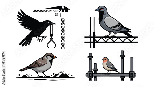 Feathered Companions: A captivating illustration showcases four distinct birds against a clear background, each striking a unique pose, from the soaring crane to the contemplative sparrow.