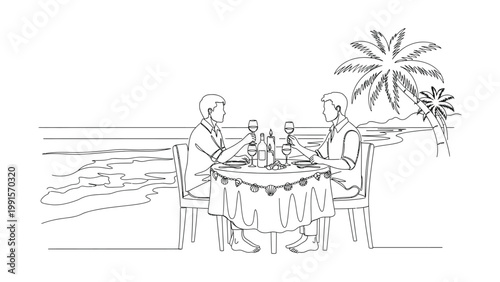 People dining at a beachside restaurant.