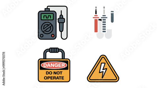 Electrical Safety Essentials: A comprehensive visual guide showcasing key electrical safety symbols and equipment, ideal for training and educational purposes.