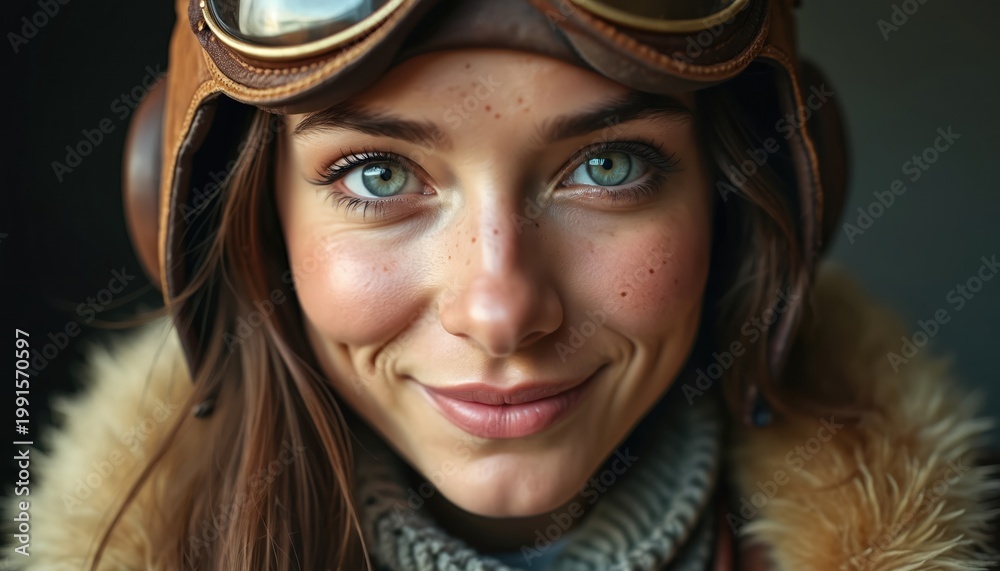 Obraz premium Woman aviator with goggles and leather helmet. She smiles, showing freckles and bright blue eyes, embodying spirit and bravery. This retro pilot looks ready for adventure.