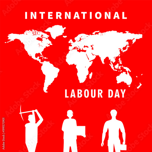 International Labour Day concept with world map and worker silhouettes, symbolizing global workforce, unity, labor rights, and industry across countries.