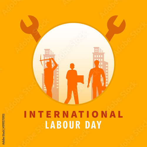 International Labour Day banner with worker silhouettes and tools, celebrating global workforce, industry, unity, and labor rights in a modern city background.