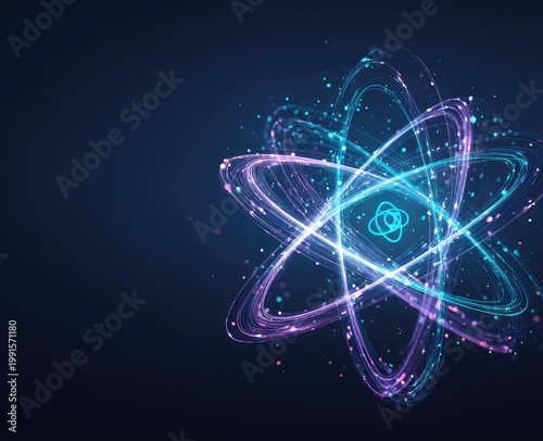 A vibrant, abstract representation of an atom glows against a deep blue background, symbolizing scientific discovery and technological innovation.