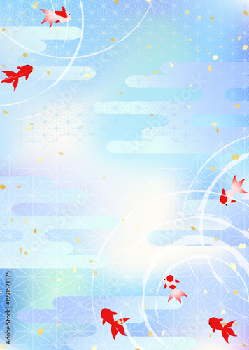 涼しげな水面の波紋と金魚　和風伝統模様背景イラスト

