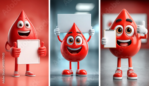 Friendly Smiling Anthropomorphic Red Blood Drop Holding a Blank Sign with Thumbs Up on Red Background with Copy Space. Ideal for Blood Donation Campaigns. Collection and Variations. Generative Ai.