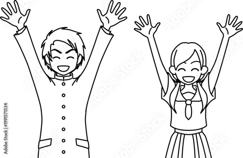 万歳をして喜ぶ制服姿の女子高生と男子高校生 全身 イラスト 線画
